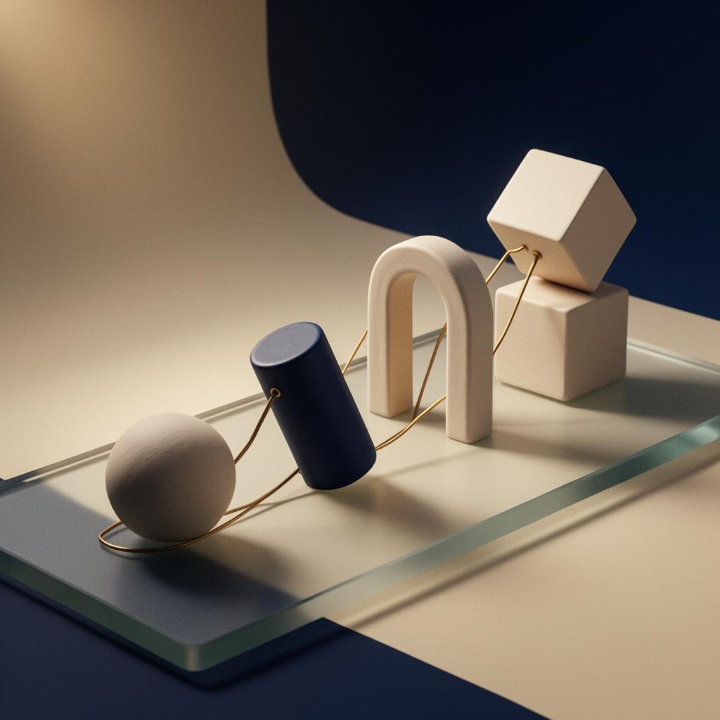 Four sculptural ceramic forms connected by a single brass thread, representing four unhurried movements from chaos to clarity