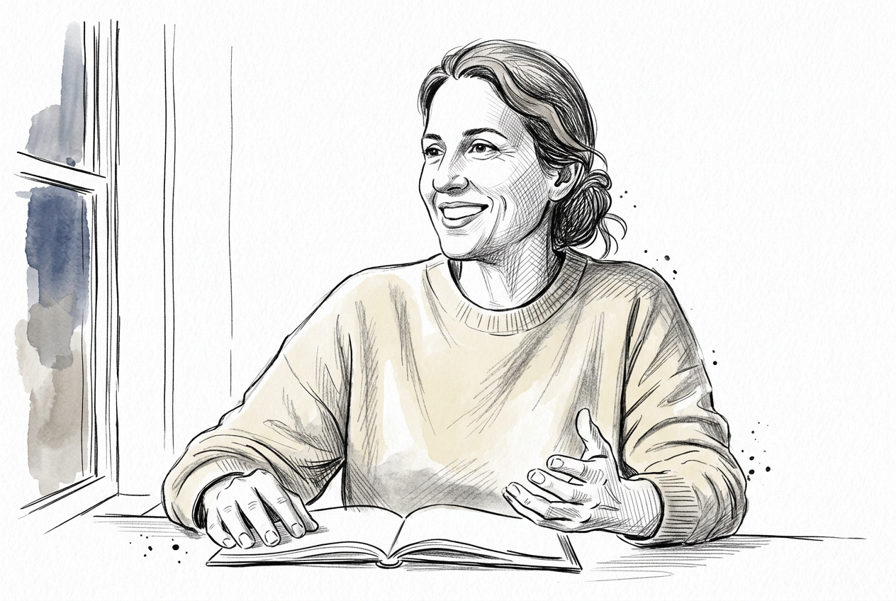 Editorial portrait of a founder mid-conversation, lit by soft window light in a warm minimal interior