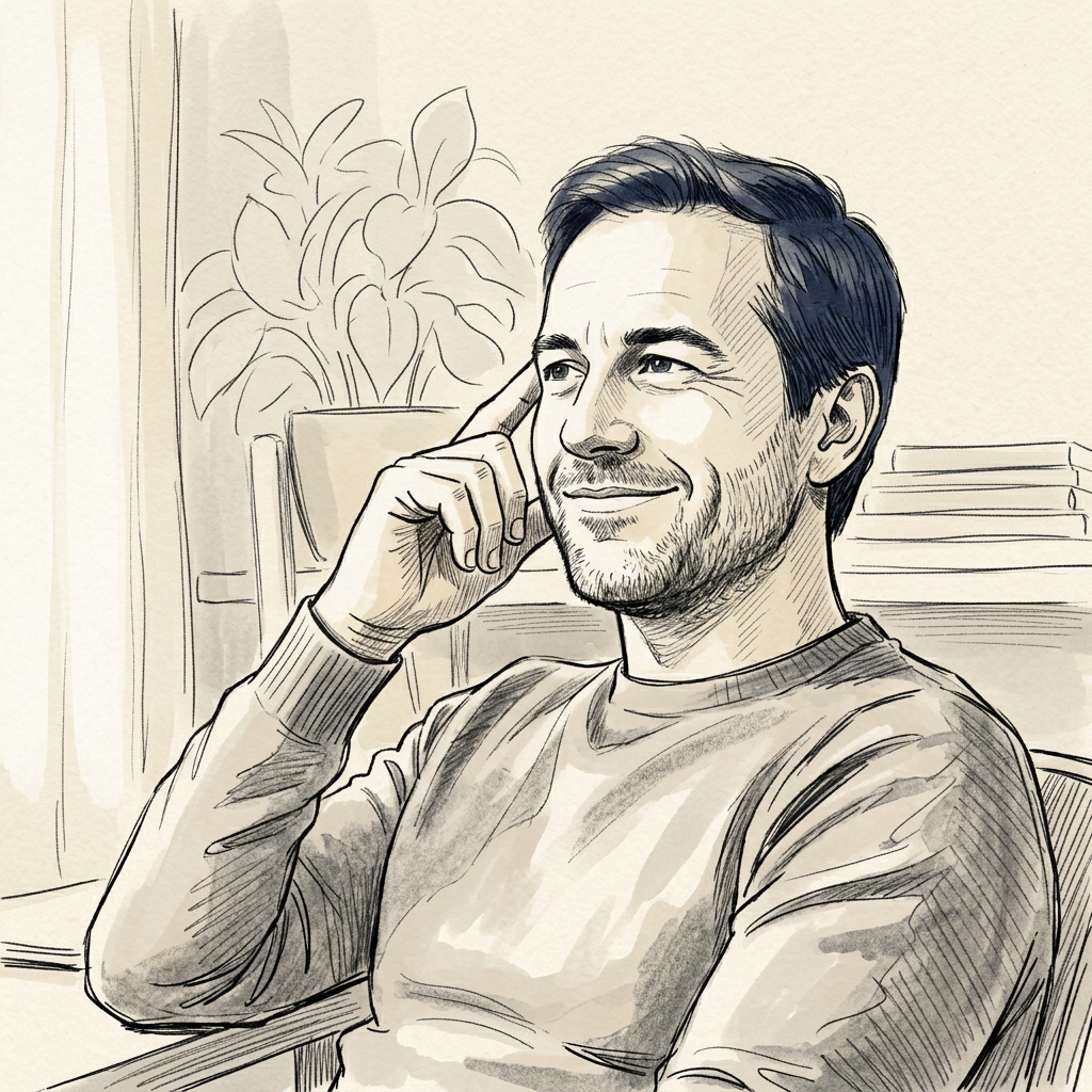 Founder in a quiet moment of clarity at a sunlit desk